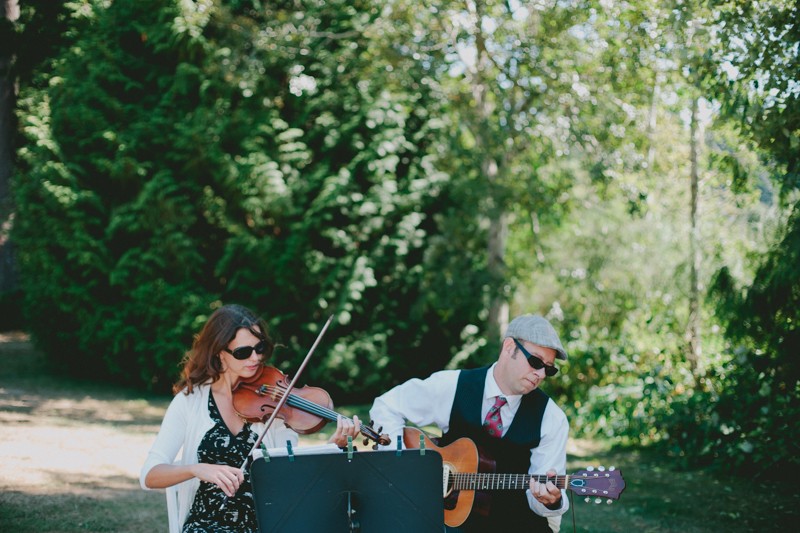 String musicians performing at an outdoor garden wedding at Island Lake Park, Silverdale, Washington. 