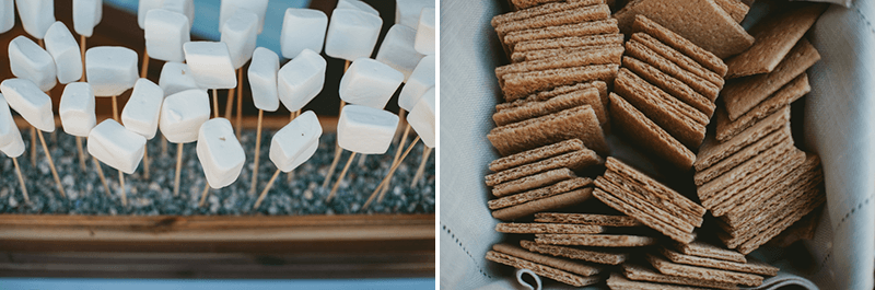 Square marshmallows on sticks and graham crackers for S'mores.