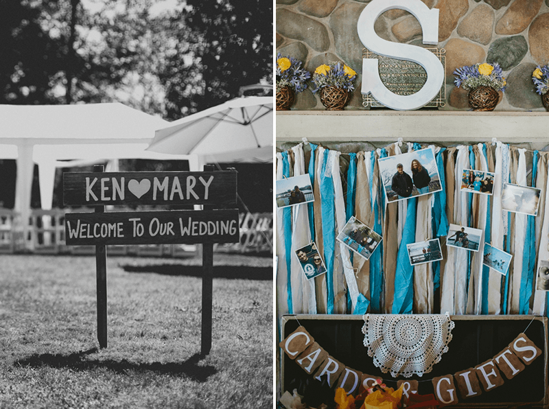 DIY garden wedding decor, with a rustic hand-painted sign and a banner of blue and white ribbons with photos attached. 