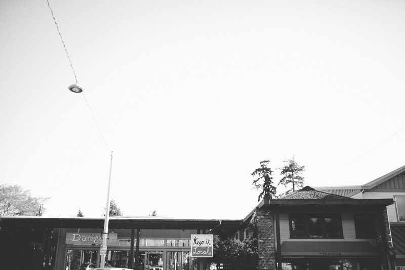 Landscape view of downtown Bainbridge Island, WA shops. 