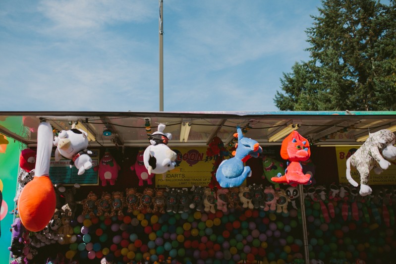 A variety of stuffed animal carnival game prizes, at The Kitsap County Fair in Bremerton, Washington. 