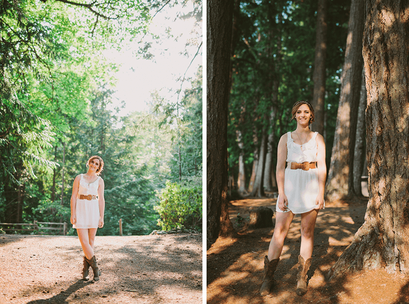 Girl in a white dress with rustic cowgirl boots, at Scenic Beach State Park in Kitsap County, Washington. 
