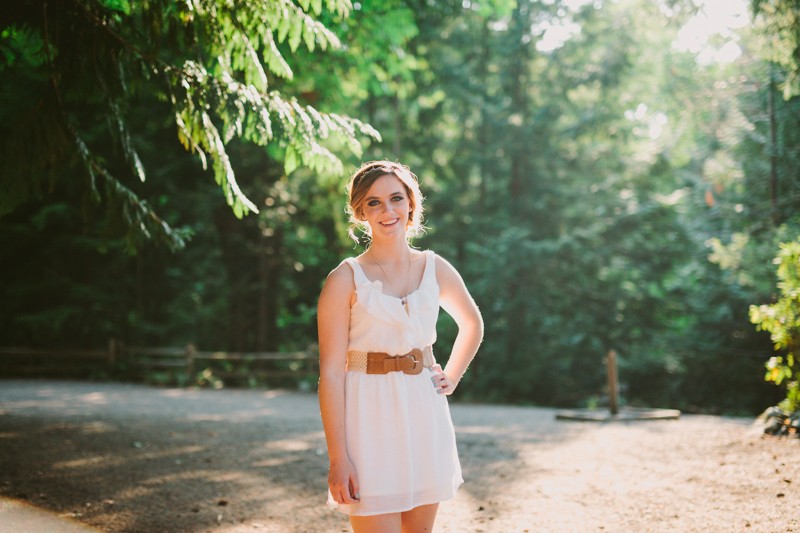 Summer high school girl in a white dress, at a rustic park in Seabeck, Washington, by Meghann Prouse, Indie Photographer. 