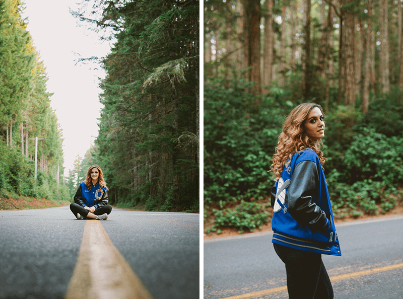 Kitsap County high school senior girl walking and sitting in the middle of an empty road, by Meghann Prouse. 