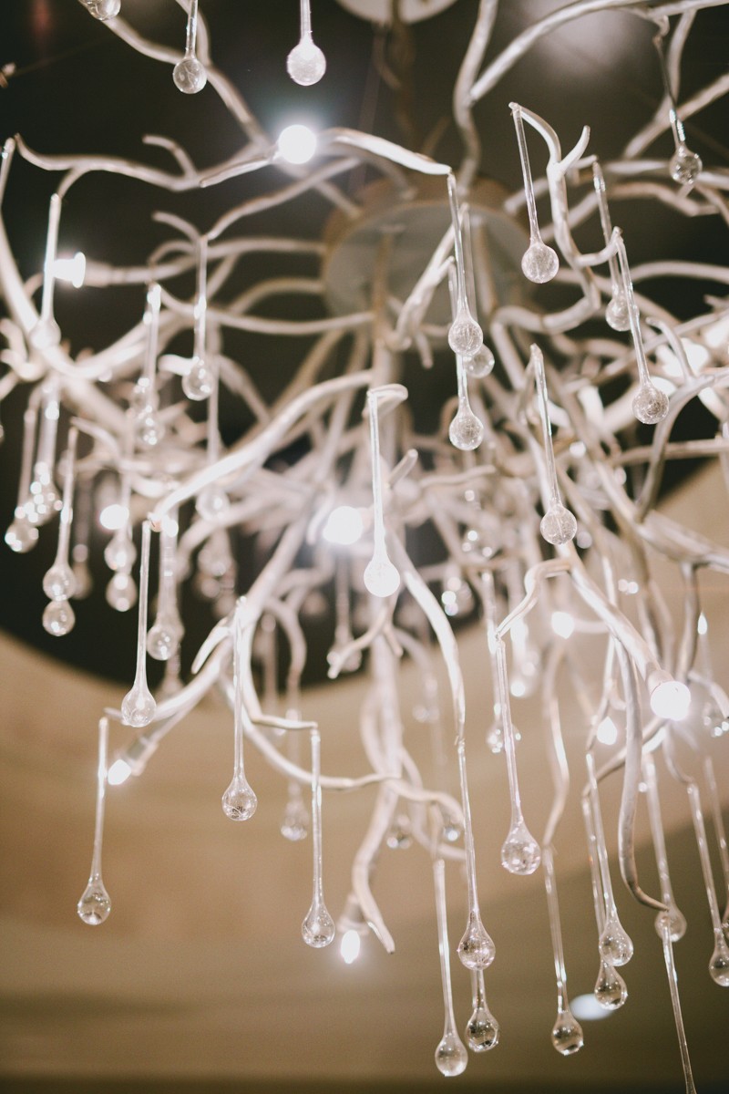 Modern glass chandelier detail at the luxury Hotel Ballard in Seattle, Washington. 