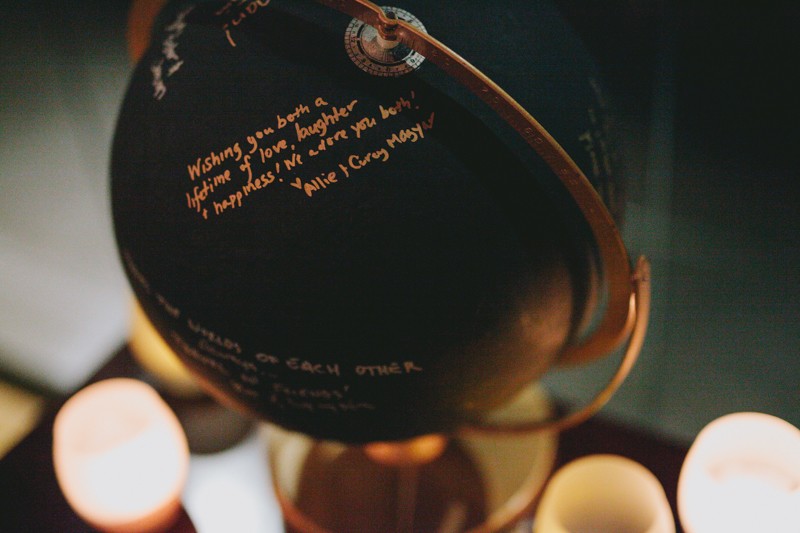 Gold and black upcycled globe as a wedding guestbook alternative. 