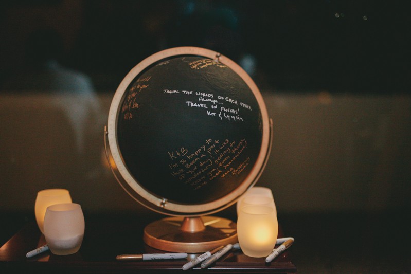 Gold and black globe wedding guest book alternative, with metallic Sharpie markers for guests. 