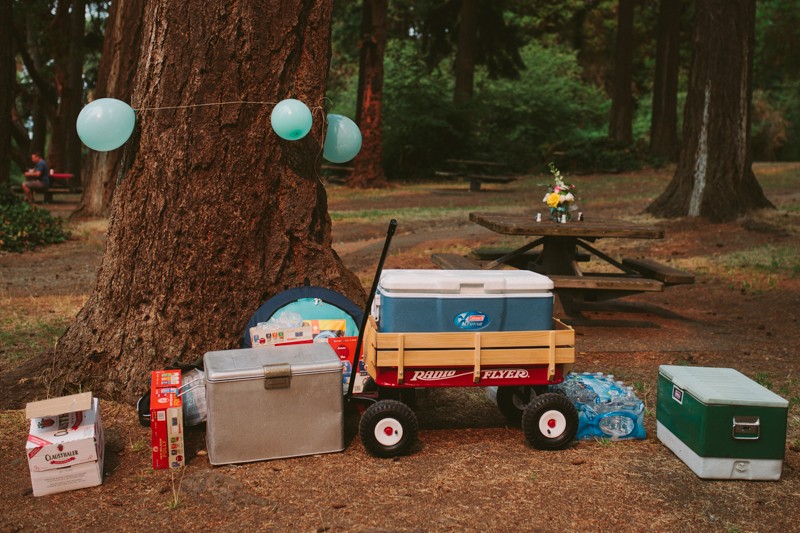 Coolers and beverages for picnic-style wedding in West Seattle.