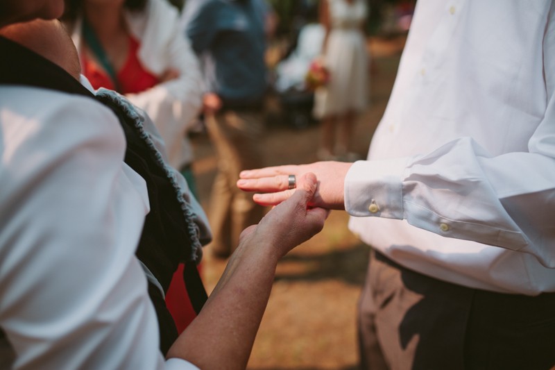 Groom showing his wedding band to guests. 
