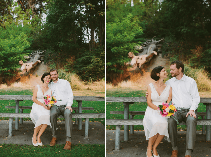 Non-traditional bride and groom at Lincoln Park in Seattle. 