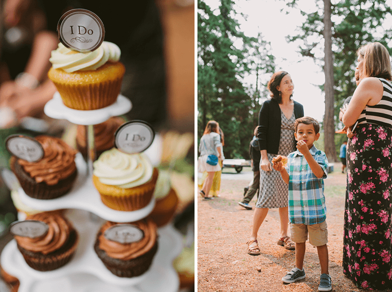 Little boy eating a cupcake at a small wedding in the park. 