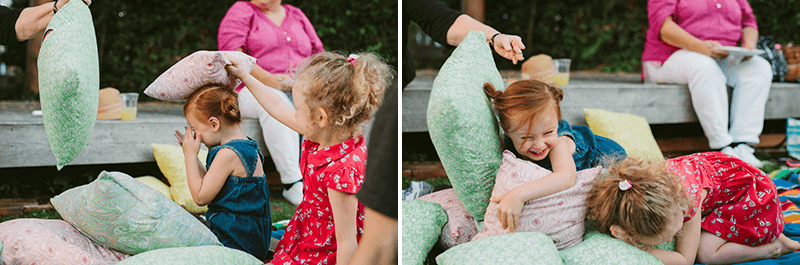 Children being silly at a relaxed summer baby shower. 