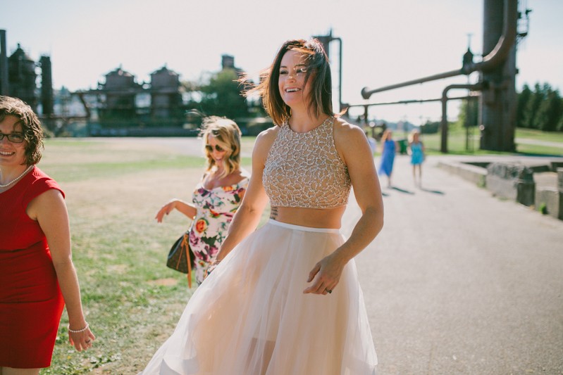 Non-traditional Seattle bride, wearing a beaded two-piece wedding dress. 