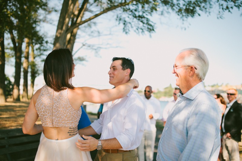 Non-traditional bride and groom first look, for a Seattle summer wedding. 