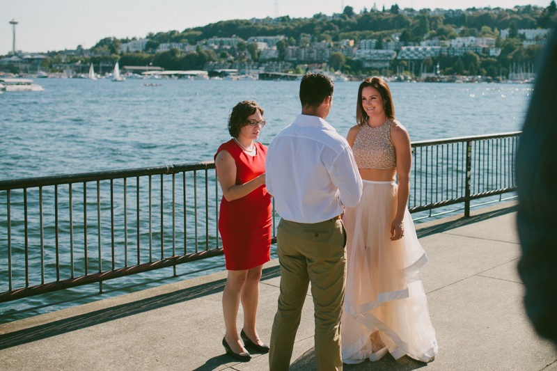 Summer elopement in Seattle, WA, with bride in a non-traditional, beaded two-piece dress. 