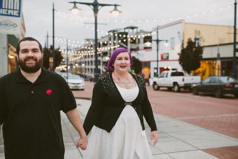 Downtown Bremerton engagement session, with bride with tattoos and purple hair. 