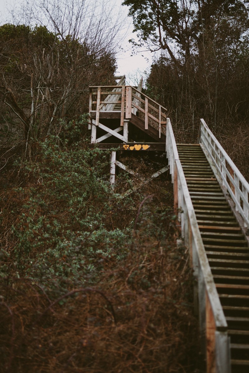 Long staircase with hearts painted on it, at Indianola Beach in Washington. 