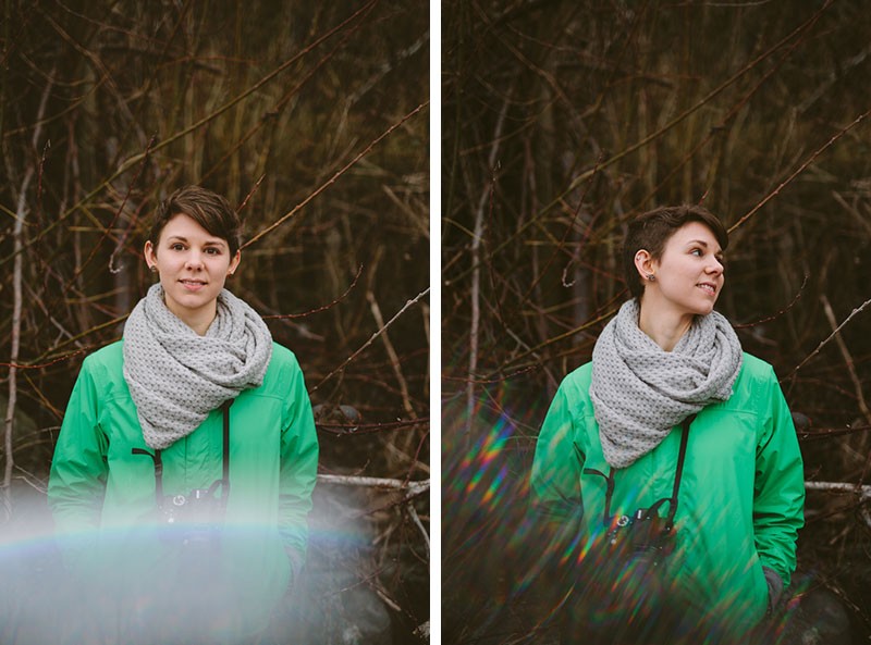 Creative portraits with woman wearing an infinity scarf, a camera, and a short hair cut. 