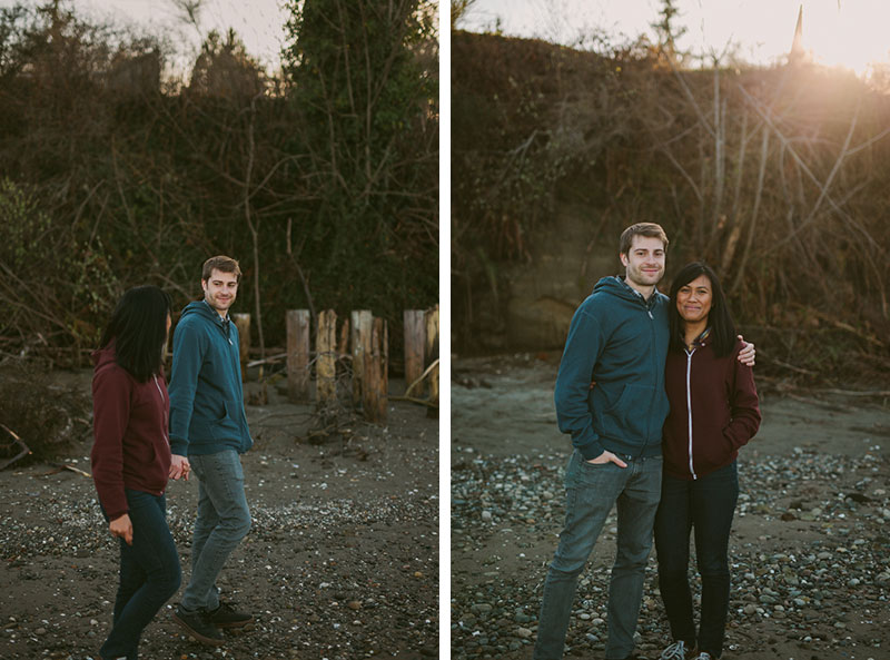 Lifestyle portrait session on the beach in Silverdale, WA, with young couple wearing colorful sweatshirts. 