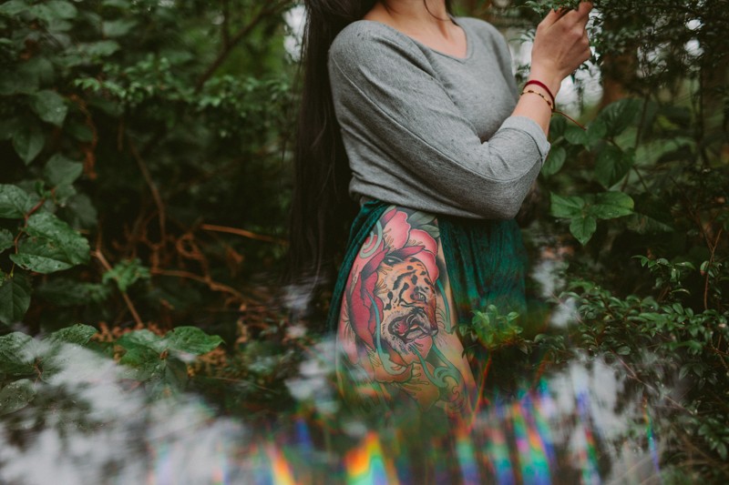 Intricate tiger thigh tattoo in the PNW. 