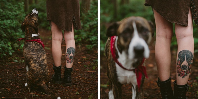 Adventurous portraits in the woods, with dog and matching tattoo.