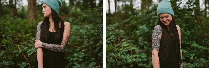 Commercial portrait session, with tattooed girl in the forest, in Silverdale, WA. 