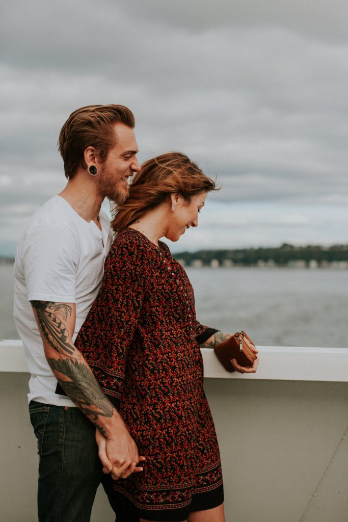 Fun, romantic engagement session on a ferry boat in the PNW. 