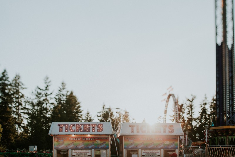 Kitsap County Fair ticket booths at sunset. 