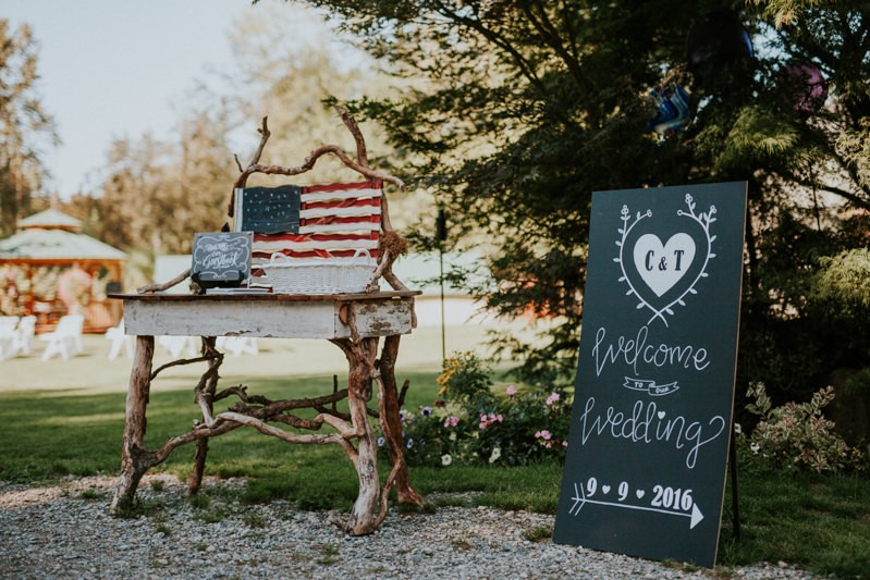 Rustic handmade decor, with chalkboard welcome sign, for a summer wedding in Black Diamond, WA. 