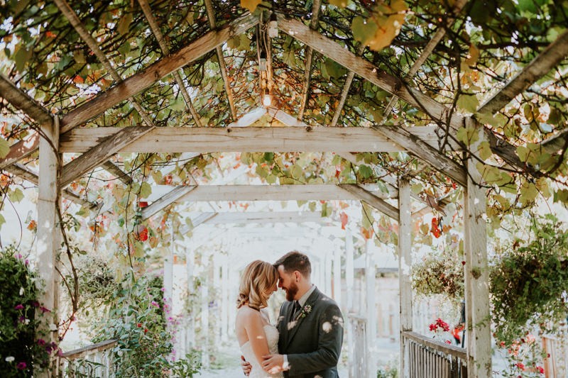 Garden wedding bride and groom under a dreamy garden trellis at Black Diamond Gardens. 