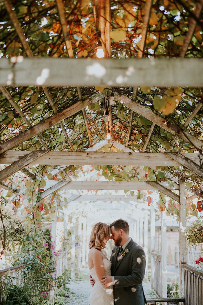 Bride and groom standing under a garden trellis, with groom in a grey suit and vest. 