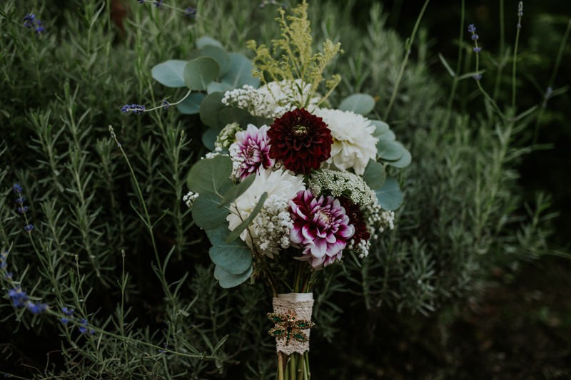 Simple garden wedding bouquet, with white and purple Dahlias, Eucalyptus, and Queen Anne's Lace. 