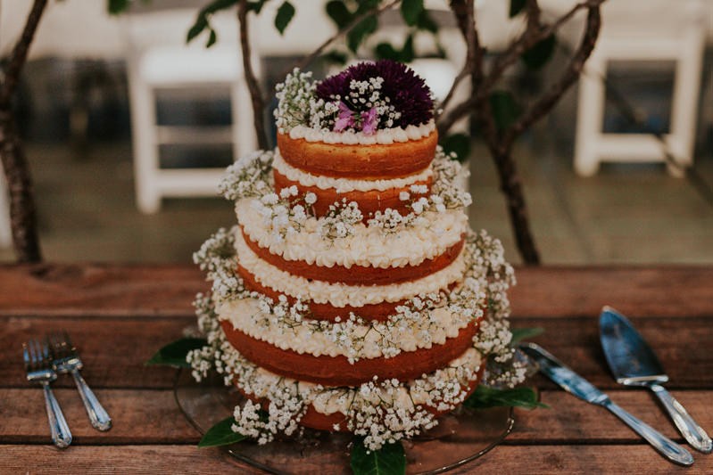 Simple rustic garden cake, topped with Baby's Breath and purple Dahlias. 