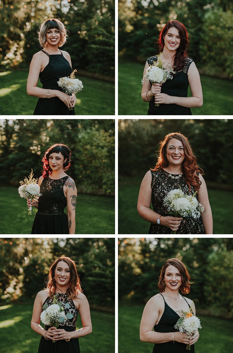 Garden glam bridesmaids in black dresses, with simple Dahlia bouquets. 