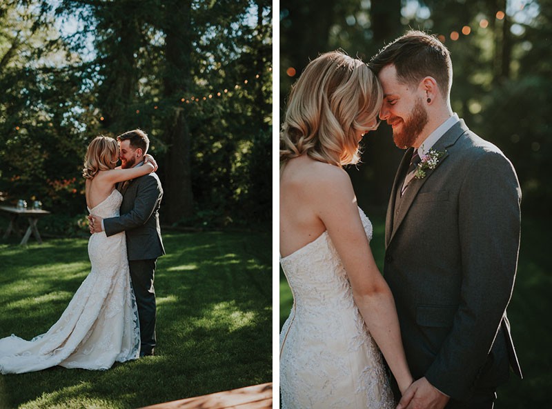 Darling garden wedding first look, with bride in a strapless dress and shoulder-length hair, and groom in a grey suit. 