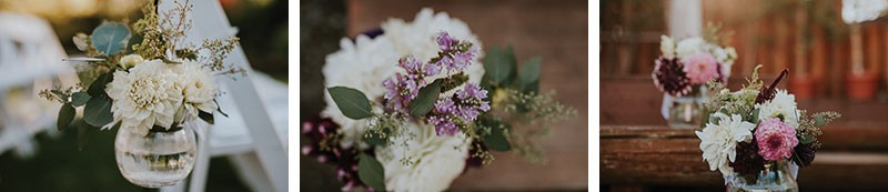 DIY summer wedding floral decor, with Eucalyptus and Dahlias in glass jars. 