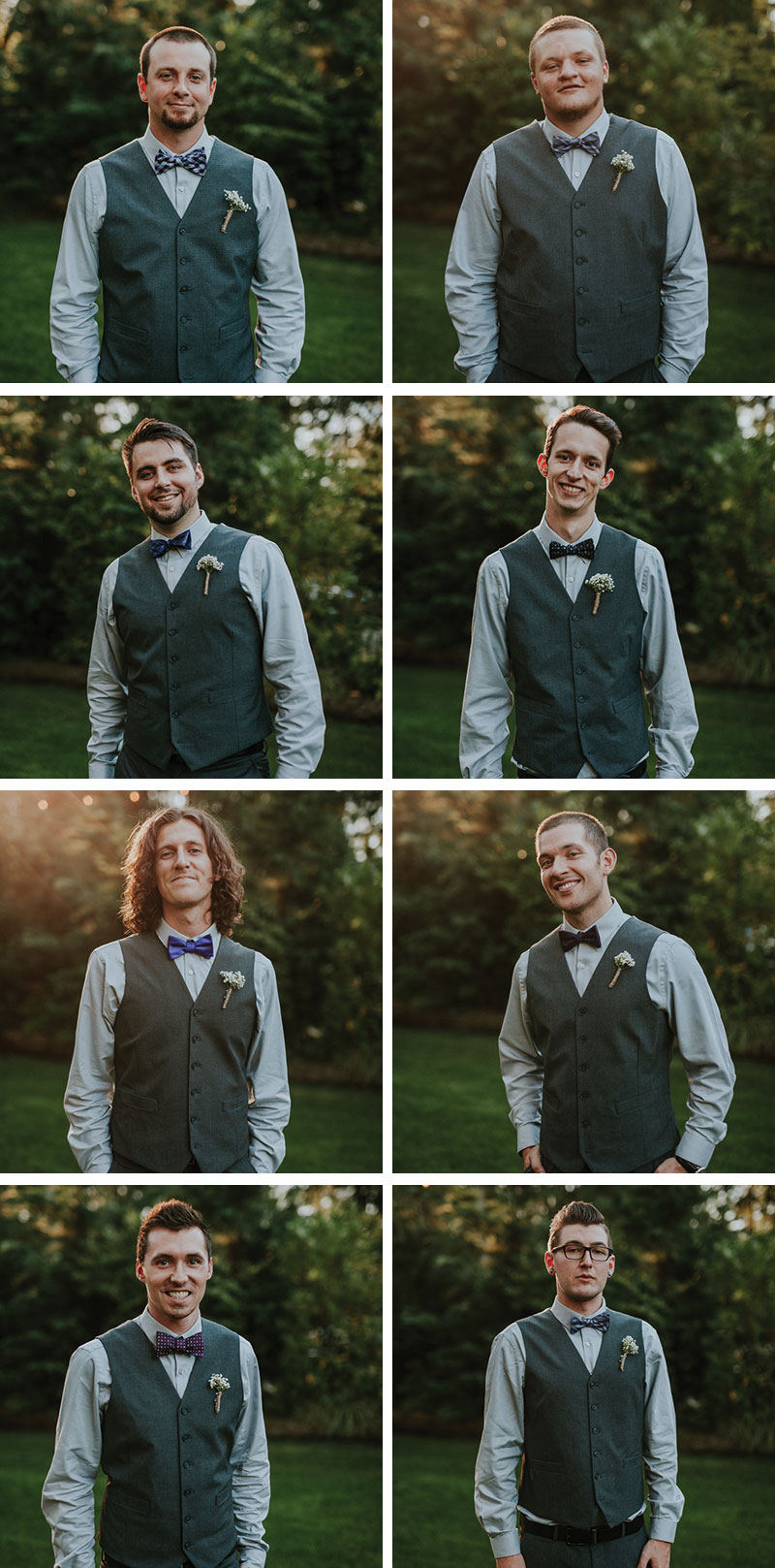 Modern groomsmen wearing grey vests, pale blue shirts, and purple bow ties, with floral boutonnieres. 