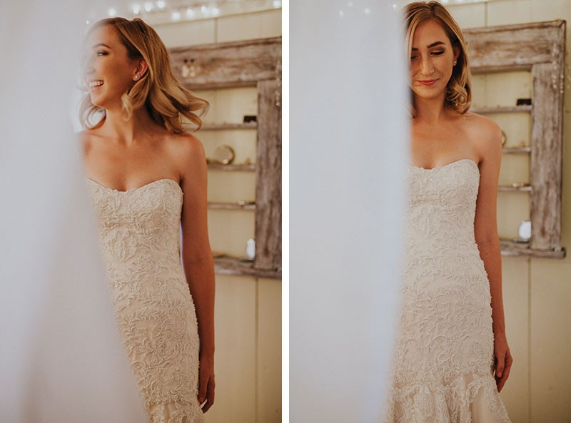 Modern bride in a strapless beaded mermaid wedding gown and shoulder-length hair. 