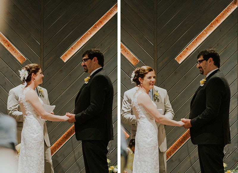 Bride and groom holding hands, exchanging vows. 