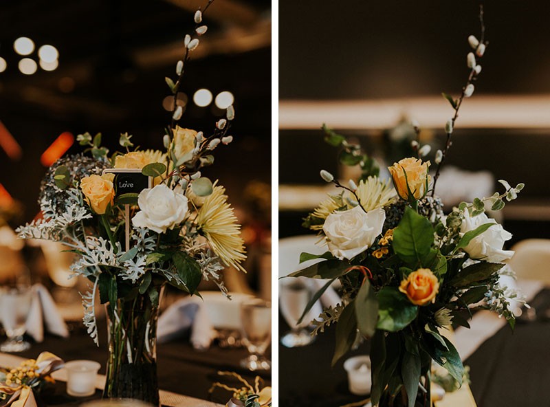 Modern white and yellow floral arrangements, with Roses, Mums and Dusty Miller. 