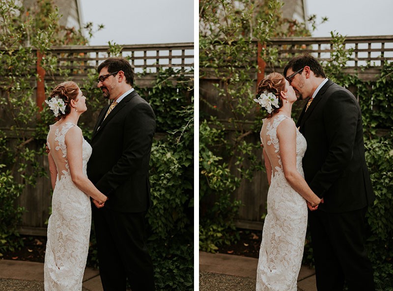 Romantic first look, with bride wearing an illusion back dress, and a gardenia hair accessory.