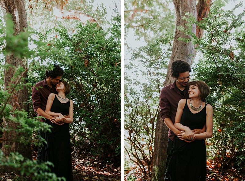 Fun couples portrait session in Union, WA, with girl in a black dress and guy wearing a purple dress shirt. 