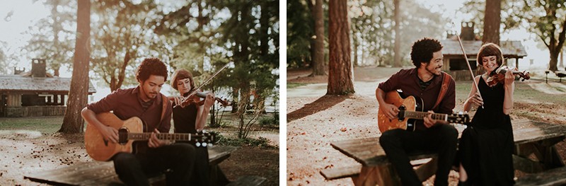 Couple in love making music together, at Twanoh State Park in Union, WA. 
