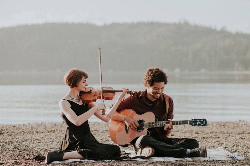Romantic portraits of musician couple at sunset, in Union, WA. 