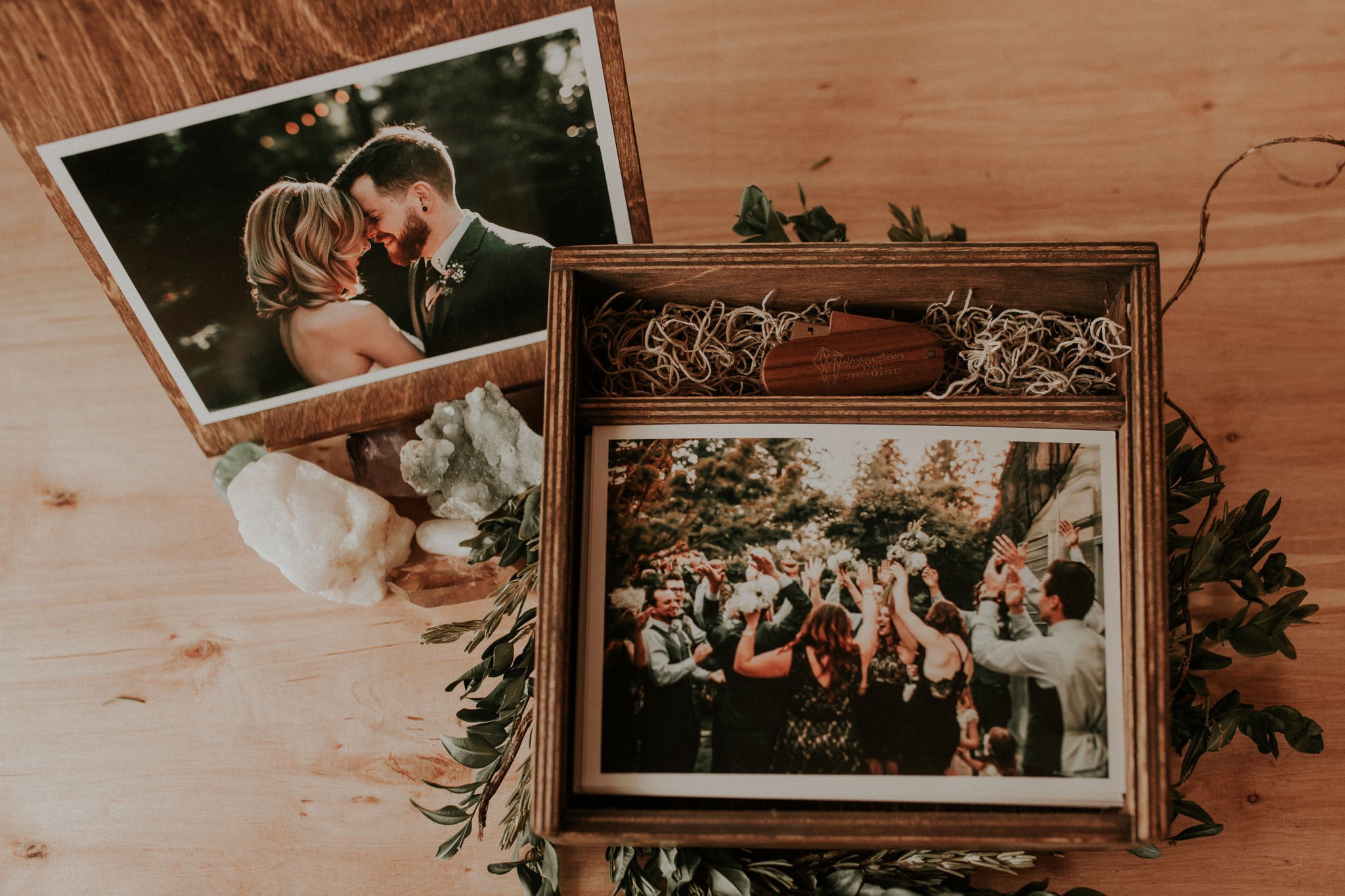 Wedding prints in a wooden keepsake box with photography collection. 