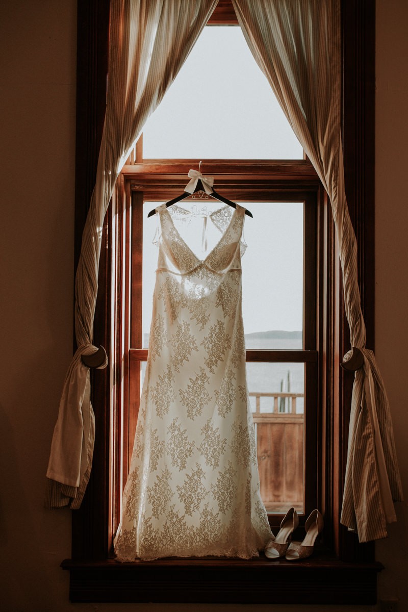 Beautiful embroidered v-neck wedding dress with peep toe heels, for winter elopement in Port Townsend. 