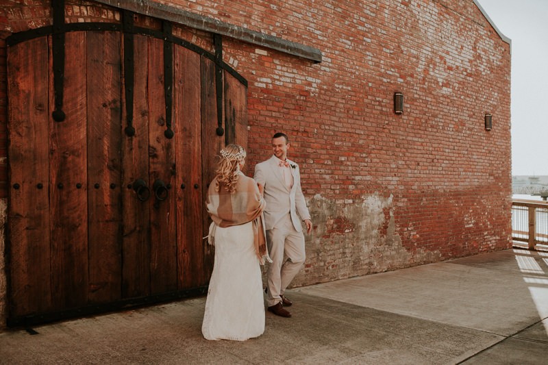 Sweet first look moment in historic Port Townsend, WA.