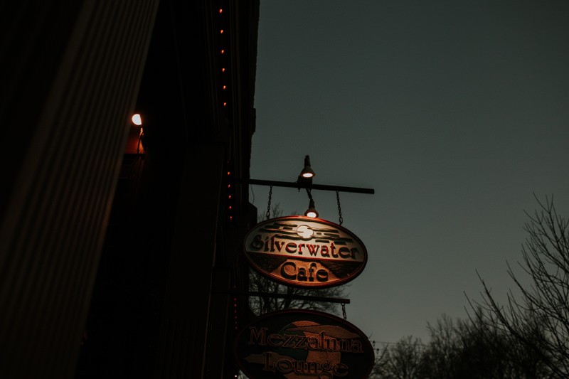 Silverwater Cafe sign at dusk in Port Townsend, WA. 