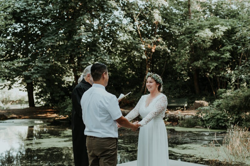 Summer elopement by a pond, near Portland, OR.