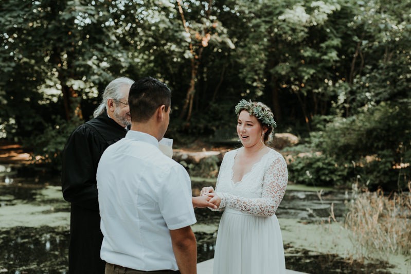 Portland, OR area wedding ceremony, with bride in a crocheted dress. 